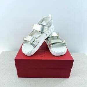 NWT Valentino Neoprene & Leather Stud Slingback Dad Sandals White Silver EU 40.5
